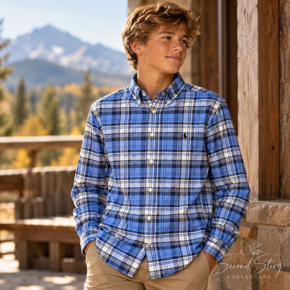 Ralph Lauren Boys L 14-16 Performance Plaid Button Down Shirt Blue Navy Prep